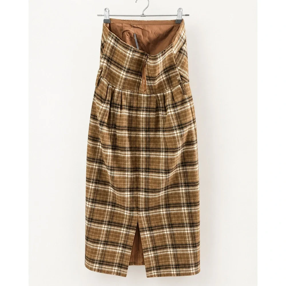 Anthropologie Plaid High Waisted Midi Skirt Brown Ivory Size 4 NWT